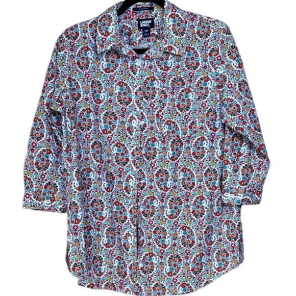 Lands End Shirt, Button Down 3/4 Inch Sleeves, No Iron Supima, Ditsy Print, 12P - Picture 1 of 5